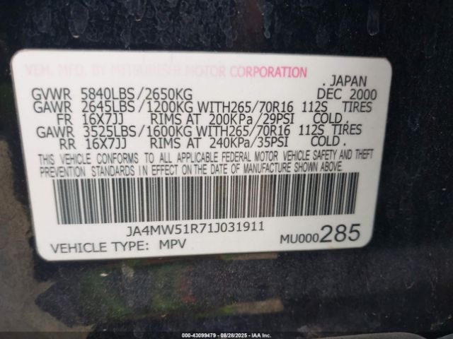 2001 MITSUBISHI MONTERO JA4MW51R71J031911 Photo 8