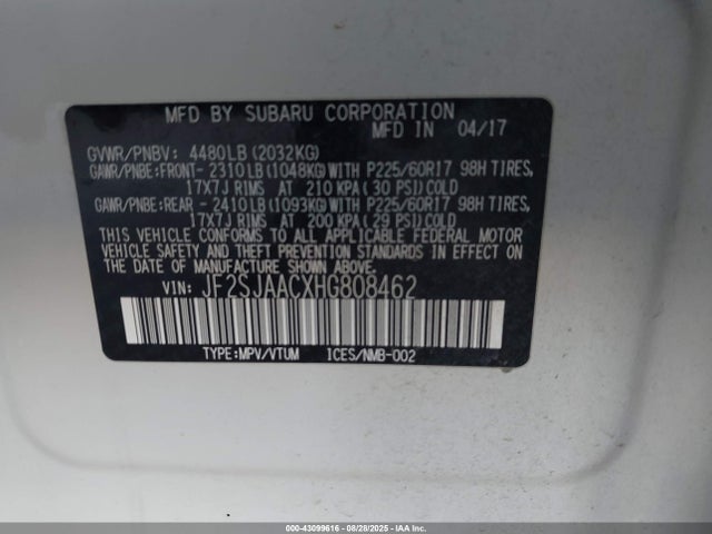 Subaru naturally aspirated u5 2017 JF2SJAACXHG808462 Image 9