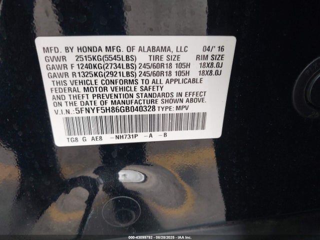 Honda j35y6 2016 5FNYF5H86GB040328 Image 9