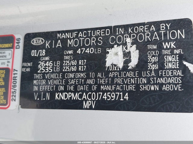 KNDPMCAC0J7459714 KIA gdi theta ii