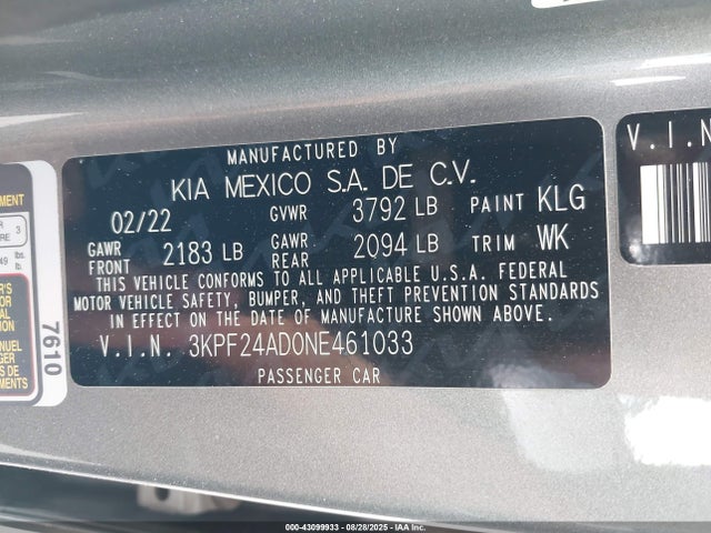 3KPF24AD0NE461033 KIA mpi nu