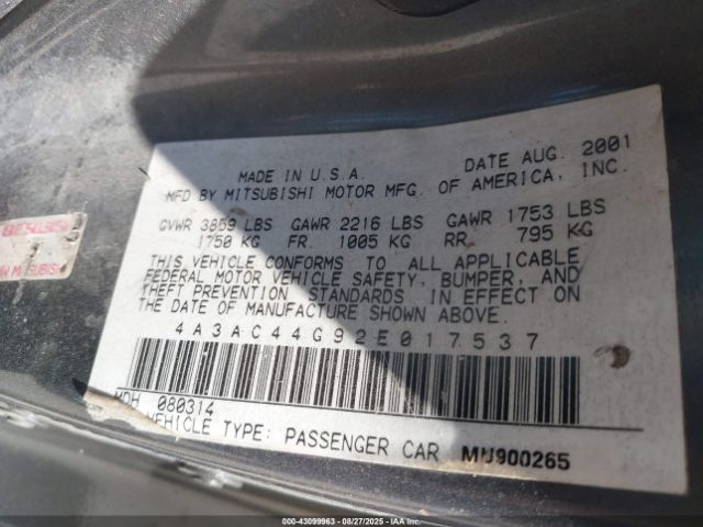 2002 MITSUBISHI ECLIPSE 4A3AC44G92E017537 Photo 8