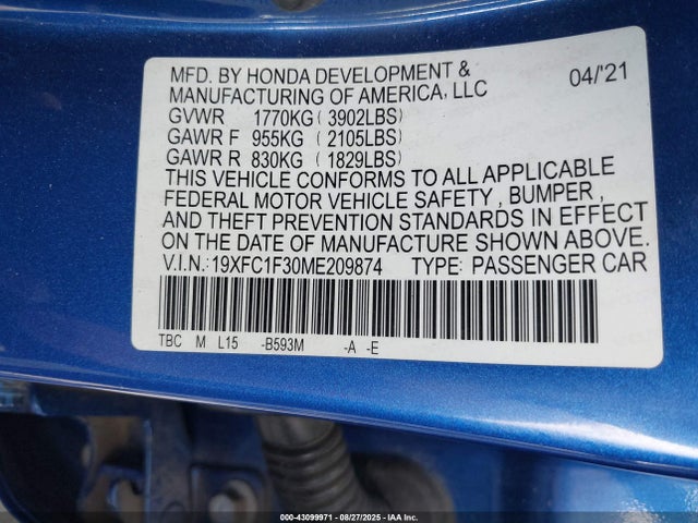 19XFC1F30ME209874 Honda l15b7