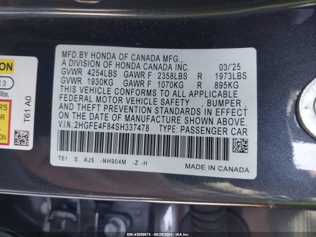 2HGFE4F84SH337478 Honda Civic Hybrid Sport/sport Touring