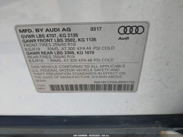 2018 AUDI Q3 WA1BCCFS4JR001735 Photo 8