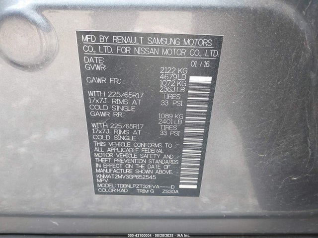Aukcja sprzedaży 2016 Nissan Rogue S, vin: KNMAT2MV3GP652545, numer aukcji: 43100004