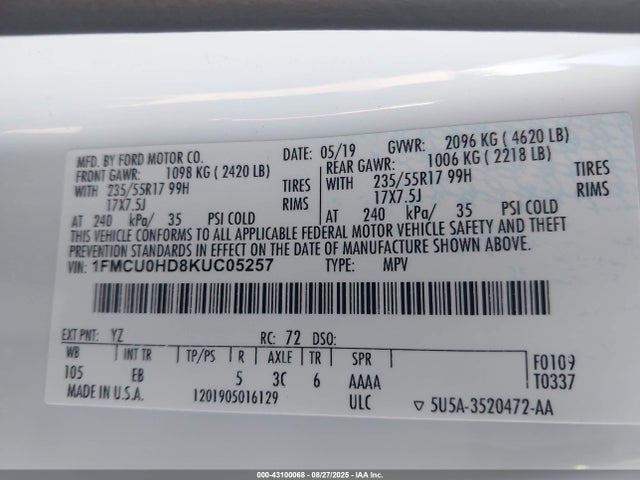 1FMCU0HD8KUC05257 Ford 1.5l gtdi sigma w/premium fuel