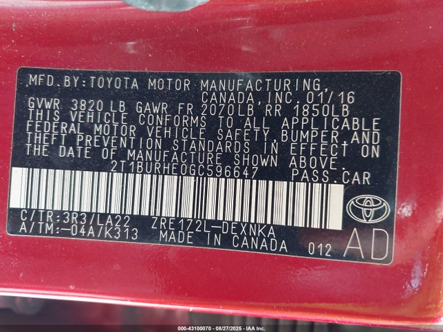 2T1BURHE0GC596647 Toyota 2zr-fe