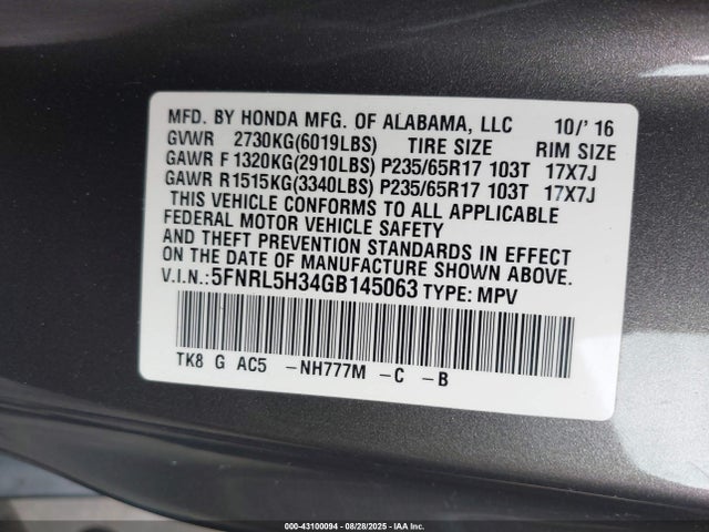 5FNRL5H34GB145063 Honda j35z8