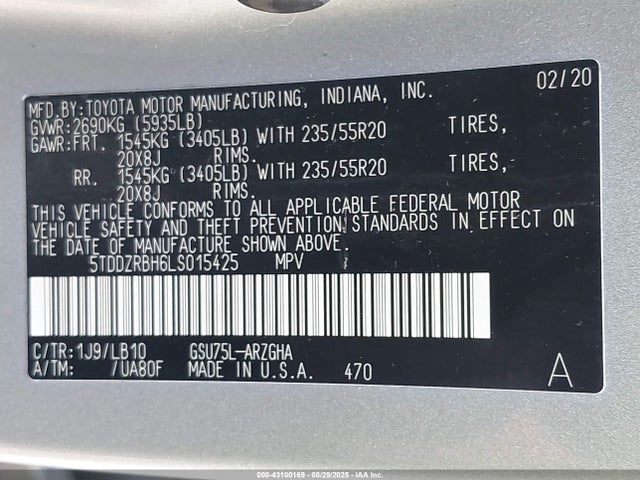 5TDDZRBH6LS015425 Toyota 2gr-fks