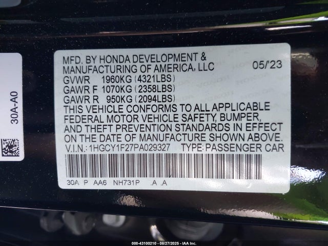 1HGCY1F27PA029327 Honda l15be