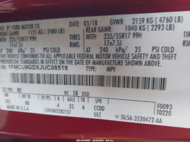 1FMCU9GDXJUC08519 Ford 1.5l gtdi sigma w/premium fuel