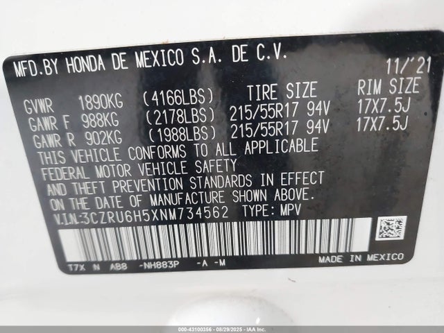 3CZRU6H5XNM734562 Honda r18z9