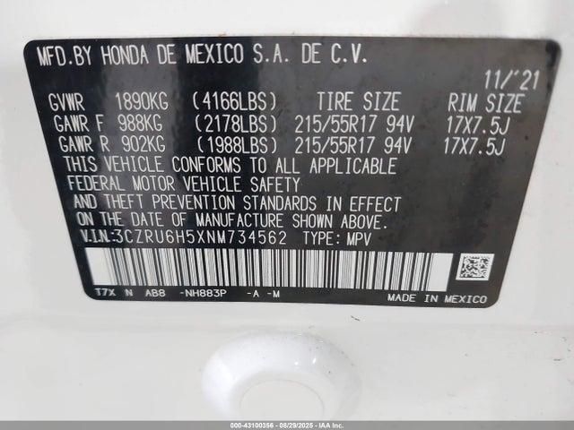 3CZRU6H5XNM734562 Honda r18z9