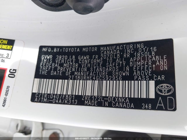 2T1BURHE4GC592956 Toyota 2zr-fe