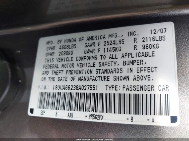 2008 ACURA TL 19UUA66238A027551 Photo 8