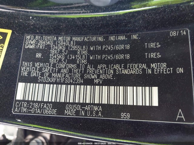 5TDZKRFH1FS042394 Toyota 2gr-fe