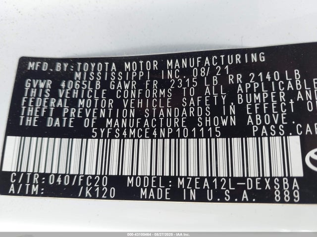 Toyota m20a-fks 2022 5YFS4MCE4NP101115 Image 9