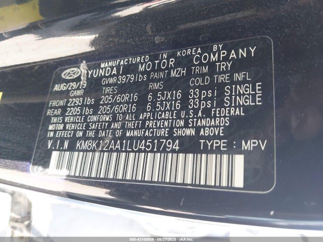 KM8K12AA1LU451794 Hyundai mpi nu