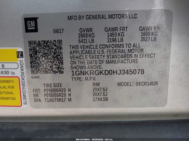 1GNKRGKD0HJ345078 Chevrolet llt - sidi: spark ignited direct injection, alum, 60 degrees