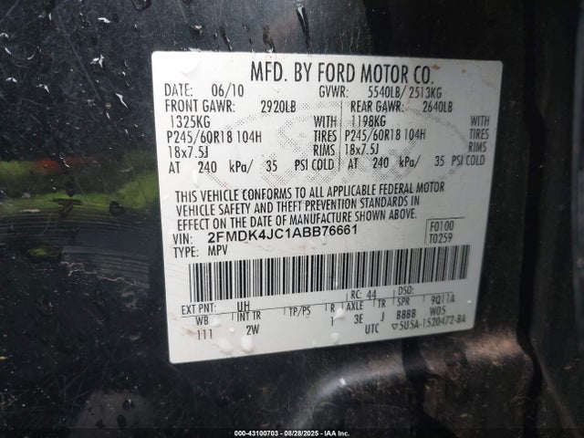 Продаж на аукціоні авто 2010 Ford Edge Sel, vin: 2FMDK4JC1ABB76661, номер лоту: 43100703