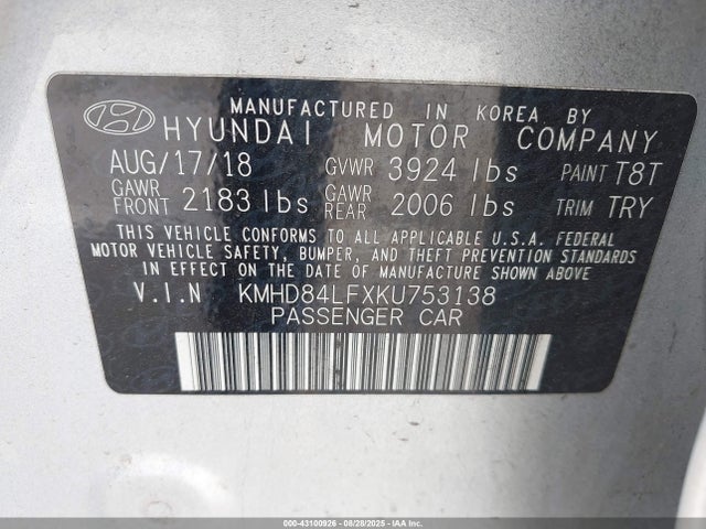 KMHD84LFXKU753138 Hyundai mpi nu