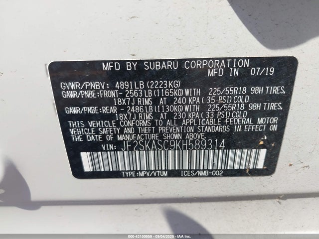 Subaru naturally aspirated u5 2019 JF2SKASC9KH589314 Image 9