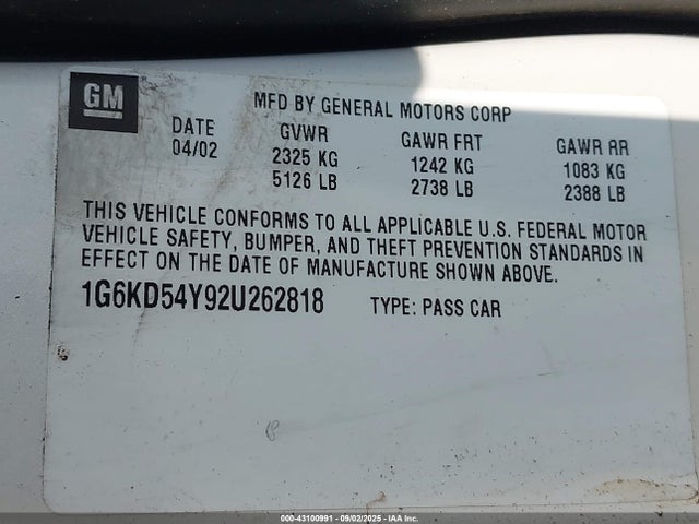 2002 CADILLAC DEVILLE 1G6KD54Y92U262818 Photo 8
