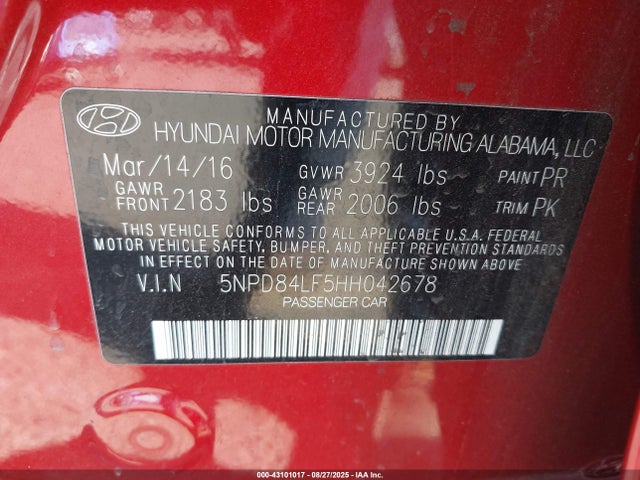 5NPD84LF5HH042678 Hyundai Elantra