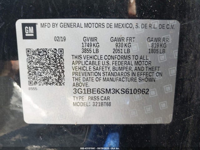 3G1BE6SM3KS610962 Chevrolet le2 -di: direct injection, vvt: variable valve timing, gen, alum