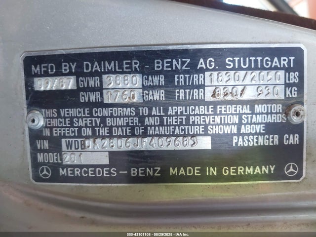 1988 Mercedes-benz 190 E 2.3 მანქანა იყიდება აუქციონზე, vin: WDBDA28D6JF409683, აუქციონის ნომერი: 43101108