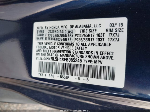 Honda j35z8 2015 5FNRL5H48FB085246 Image 9