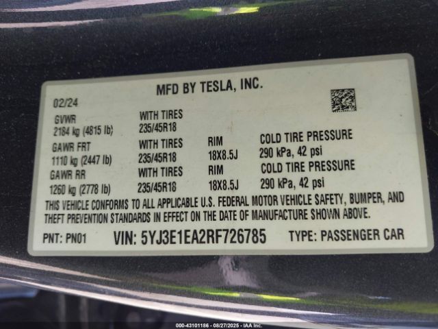 2024 TESLA MODEL 3 5YJ3E1EA2RF726785 Photo 8