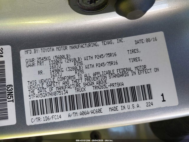 5TFAX5GN7HX075134 Toyota 2tr-fe