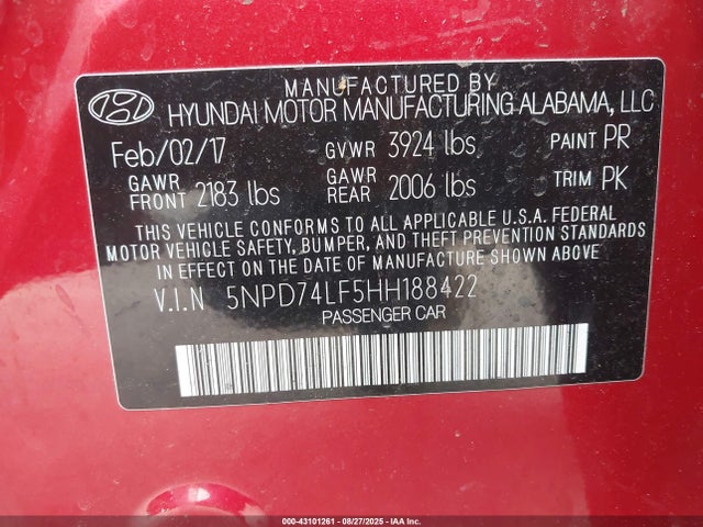 5NPD74LF5HH188422 Hyundai Elantra