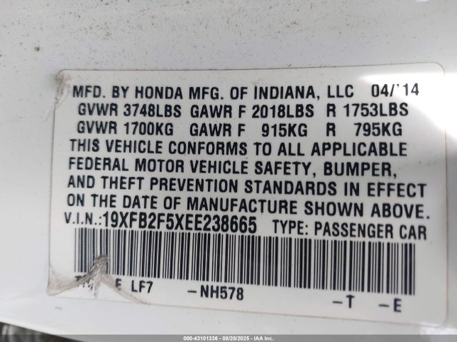 Honda r18z1 2014 19XFB2F5XEE238665 Image 9
