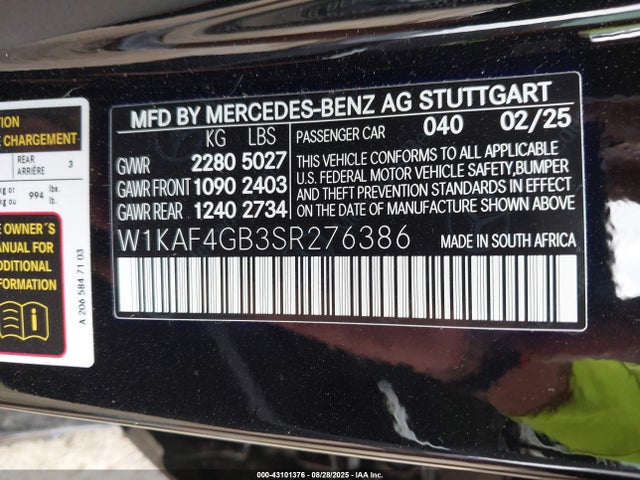 Продаж на аукціоні авто 2025 Mercedes-benz C 300, vin: W1KAF4GB3SR276386, номер лоту: 43101376