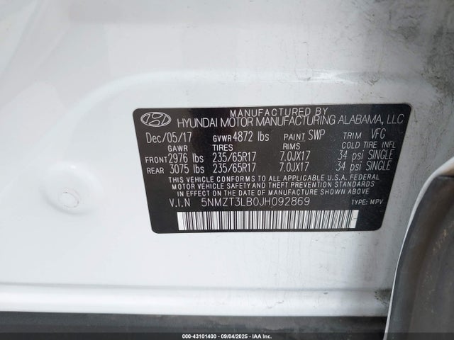 5NMZT3LB0JH092869 Hyundai gdi theta ii