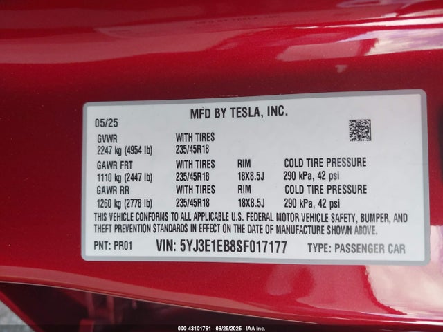 2025 TESLA MODEL 3 5YJ3E1EB8SF017177 Photo 8