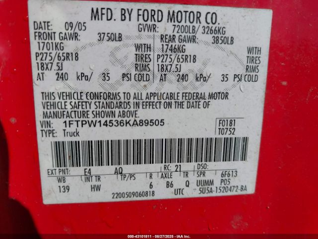 2006 FORD F-150 1FTPW14536KA89505 Photo 8