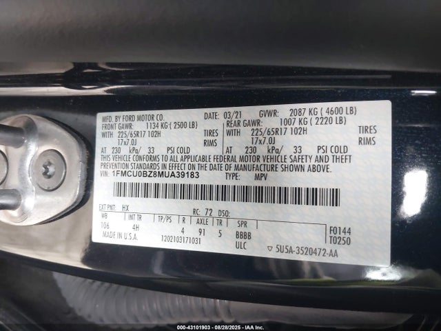 1FMCU0BZ8MUA39183 Ford hev/phev