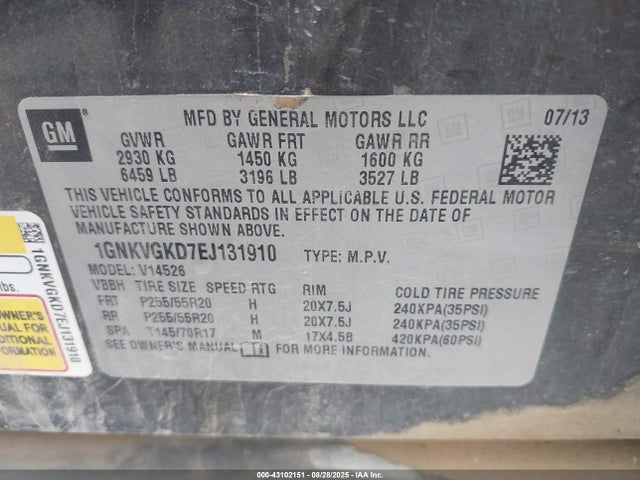 Chevrolet llt 2014 1GNKVGKD7EJ131910 Image 9