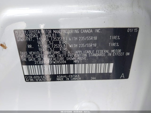 43102406 :رقم المزاد ، 2T3DFREV3FW285094 vin ، 2015 Toyota Rav4 Limited مزاد بيع