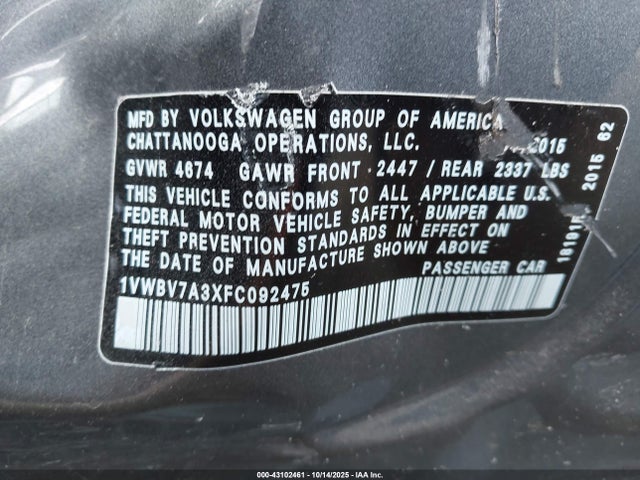 Продажа на аукционе авто 2015 Volkswagen Passat 2.0l Tdi Se, vin: 1VWBV7A3XFC092475, номер лота: 43102461