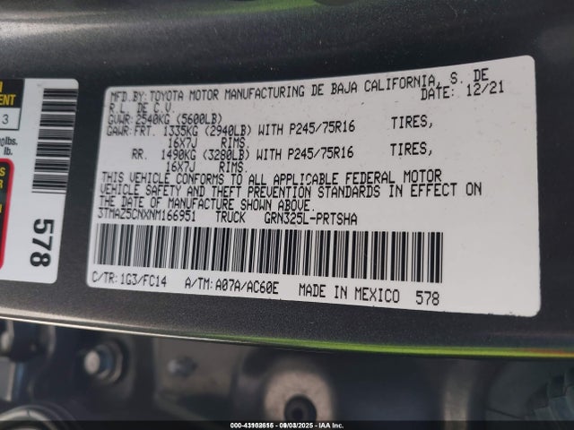 3TMAZ5CNXNM166951 Toyota 2gr-fks