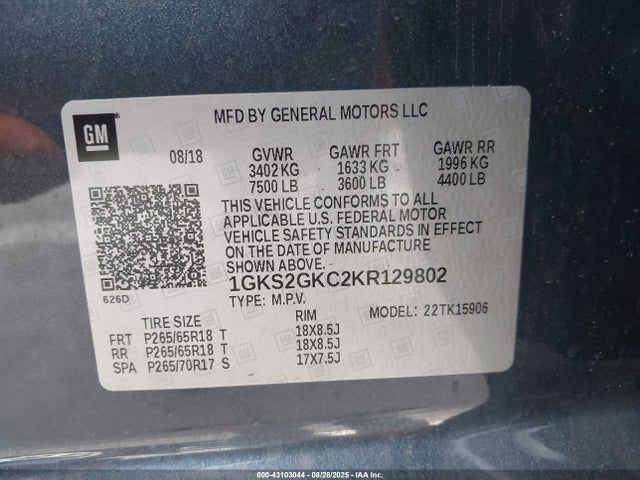 GMC l83 - spark ignited direct injection, variable valve timing, afm, e85 max, alum 2019 1GKS2GKC2KR129802 Image 9