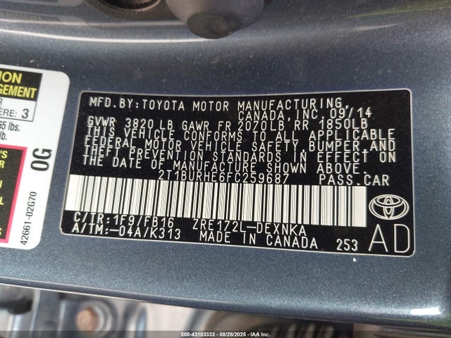 Toyota 2zr-fe 2015 2T1BURHE6FC259687 Image 9