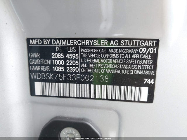 Продаж на аукціоні авто 2003 Mercedes-benz Sl 500, vin: WDBSK75F33F002138, номер лоту: 43103455