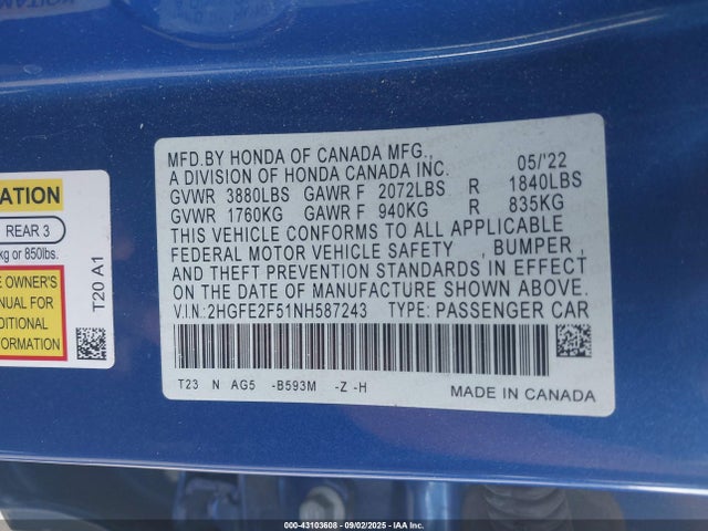 Honda k20c2 2022 2HGFE2F51NH587243 Image 9