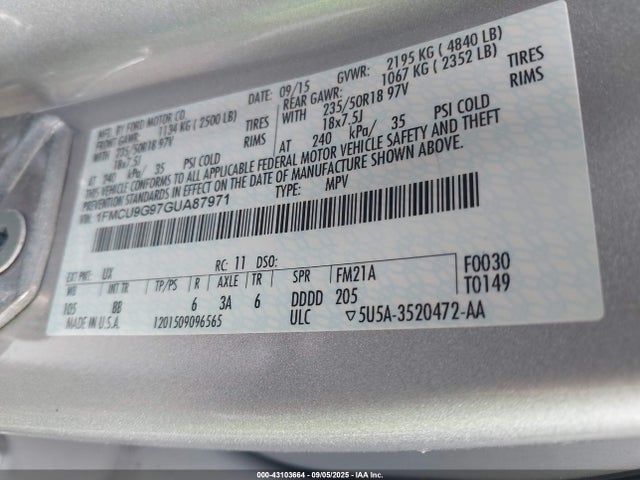 Ford 2016 2016 1FMCU9G97GUA87971 Image 9